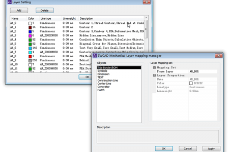 Dialogs showing layer management and layer mapping