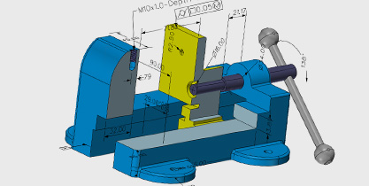 Model of a bench vice with 3D dimensions shown