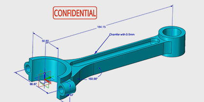 Model of a crankshaft with 3D dimensions shown