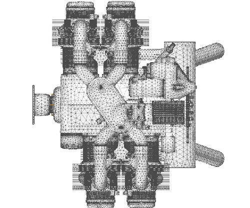 Plan view of an entire car engine with FEA mesh in grey